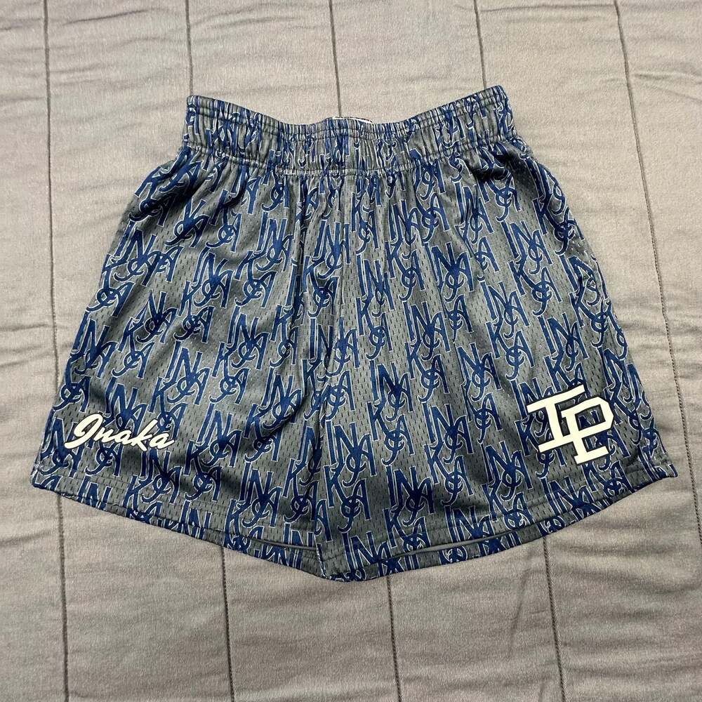 Inaka Power Gray and Blue Monogram Mesh Gym Shorts